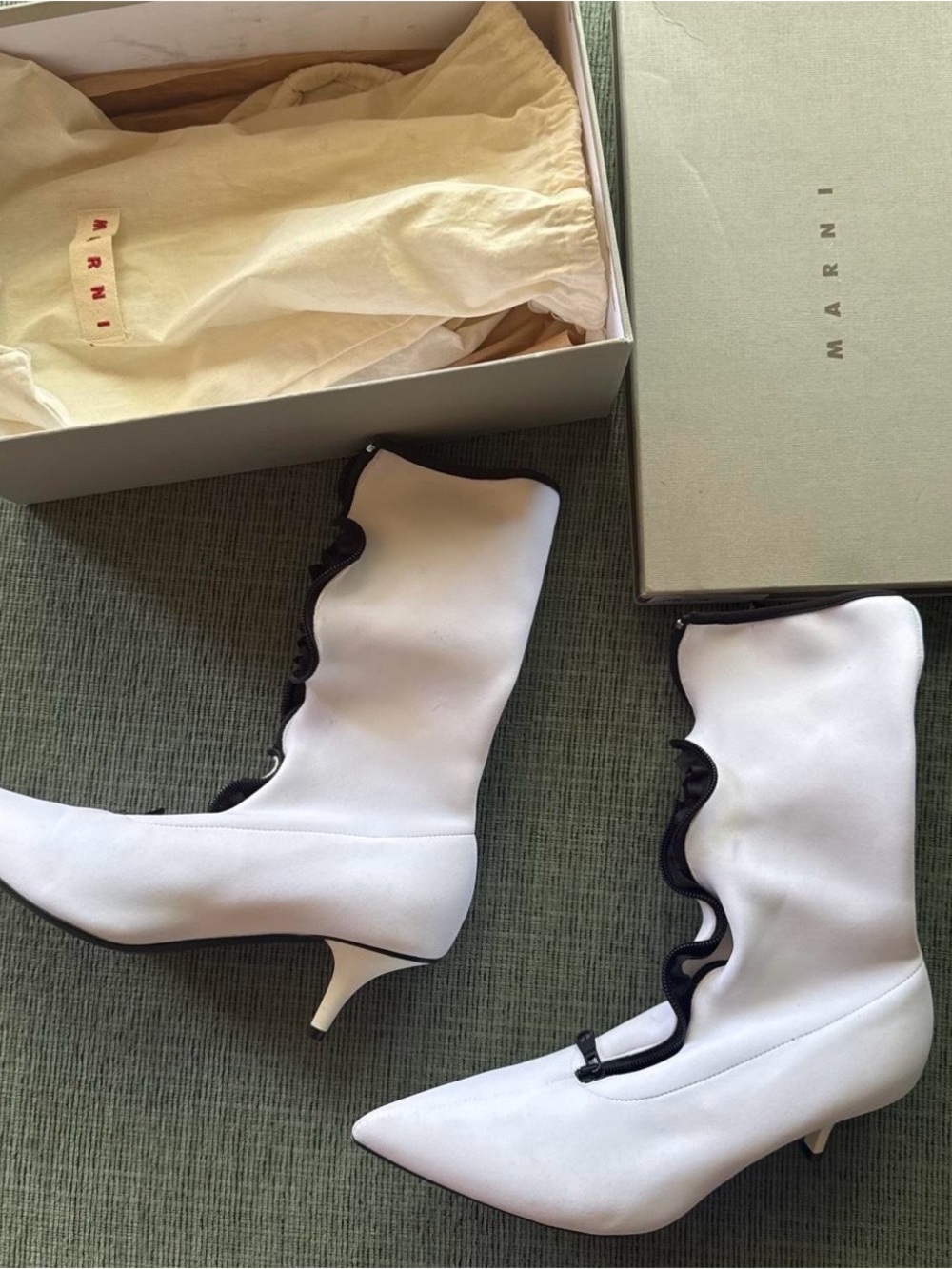Marni White Zip Up Mid-Kitten Heel Boots